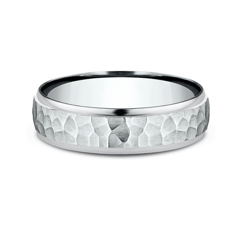 6mm Platinum Wedding Band – Hammered Center with Polished Edges