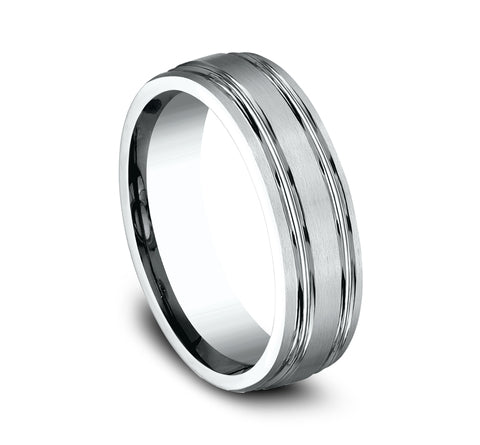6mm Platinum Matte Finish Wedding Band with Dual Side Lines
