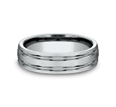 6mm Platinum Matte Finish Wedding Band with Dual Side Lines
